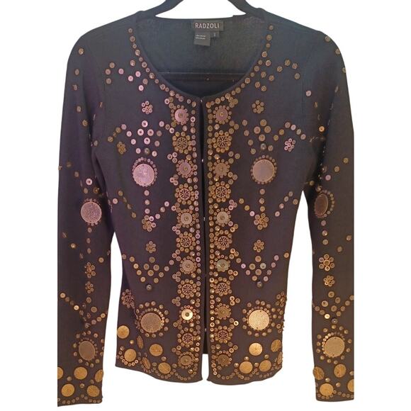 Radzoli Sweaters - VTG Y2K Radzoli Beaded Cardigan Sweater Black Bronze Sequin Detail Womens Sm